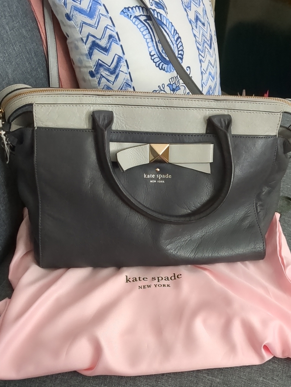 kate spade Two-Tone Leather Satchel in Dark Grey and Light Grey with Bow Accent